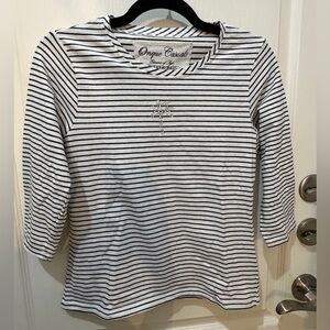 Onque Casuals White and Black Striped Boatneck Top